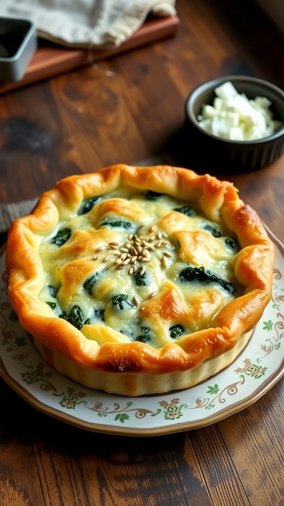 Savory spinach feta pie with a flaky crust, garnished with sesame seeds, displayed on a rustic wooden table.